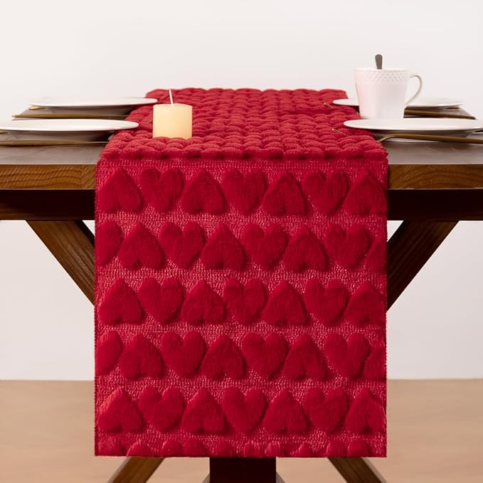 Socomi Red Heart Valentine's Day Romantic Plush Fluffy Faux Fur Jacquard Table Runner for Holiday Kitchen Dining Table Decoration Home Party Decor 13x72 Inch