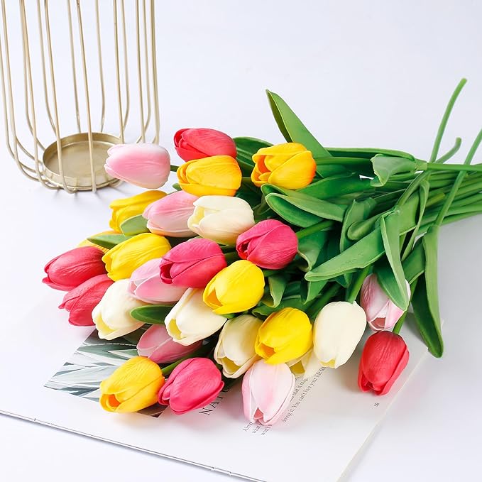 Sggvecsy 30 Pcs Fake Tulips Artificial Flowers Real Touch PU Faux Flowers Tulip Stems for Wedding Spring Bouquet Floral Arrangement Home Office Party Decorations for Mother's Day (Multi Colors)
