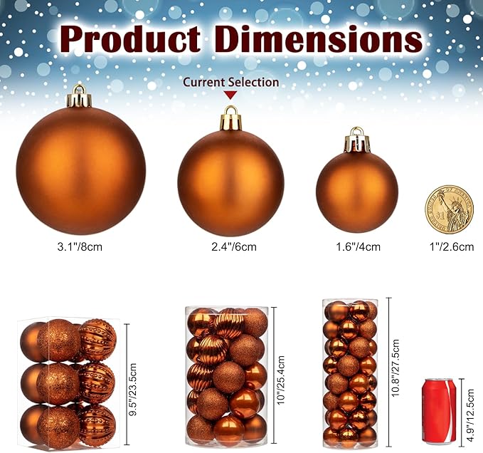 2.36" Brownish Orange Christmas Balls Ornaments 25 Pcs Shatterproof Christmas Ornaments Set Halloween Balls Ornament Brownish Orange Ornament for Xmas Tree Holiday Party