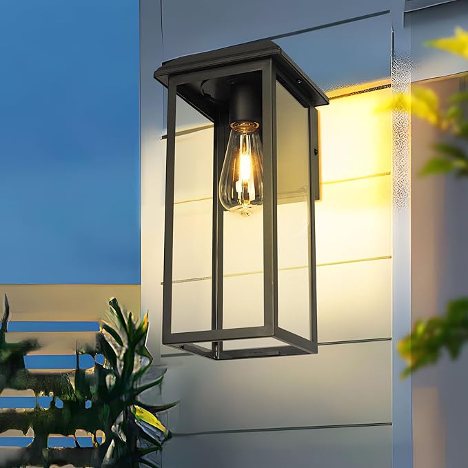 Solar Outdoor Wall Sconce Lights, Exterior Wall Light Fixtures Solar Powered, Anti-Rust Modern Contemporary Black Outside Lantern Lamps with Clear Glass for House Porch Doorway Patio,RZSR008A-2
