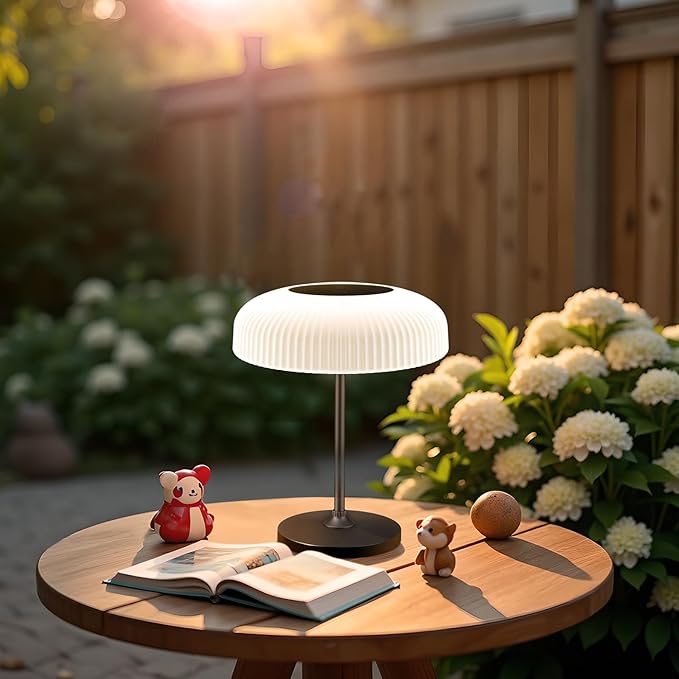 LED Solar Table Lamp, IP65 Waterproof, Touch Control, 3 Modes, USB-C Charging, White Dome Shade with Black Base, Indoor Outdoor Use (White)