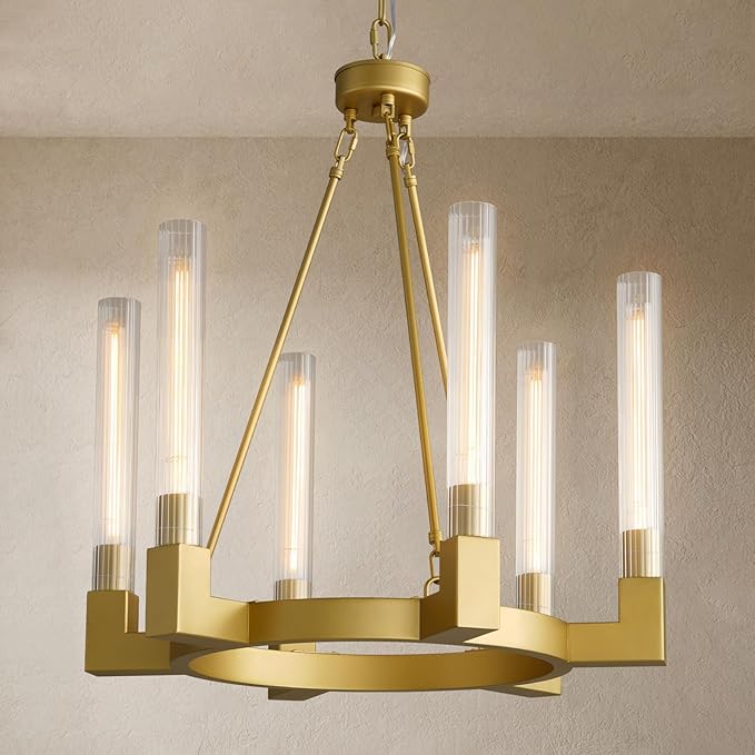 Gold Farmhouse Wagon Wheel Chandelier with Glass Tube, 23.6 Inch Large Round 6-Light Luxurious Chandelier Fixture Ceiling Pendant Lighting for Living Room, Dining Room, Bedroom, Foyer