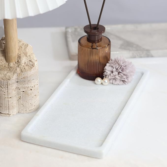 Solid Natural Marble Vanity Tray 11.5"x5.9" - Rectangular Bathroom Organizer, Non-Resin Jewelry Perfume Tray, Spa-Style Dresser Tray with Heirloom Finish