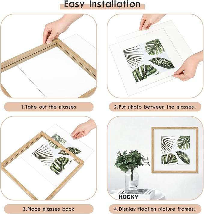 MUYE 12x12 Floating Frame Set of 2,Double Glass Rustic Square Photo Frame,Display Any Size Photo up to 12x12,Wall Mount or Tabletop Standing Natural