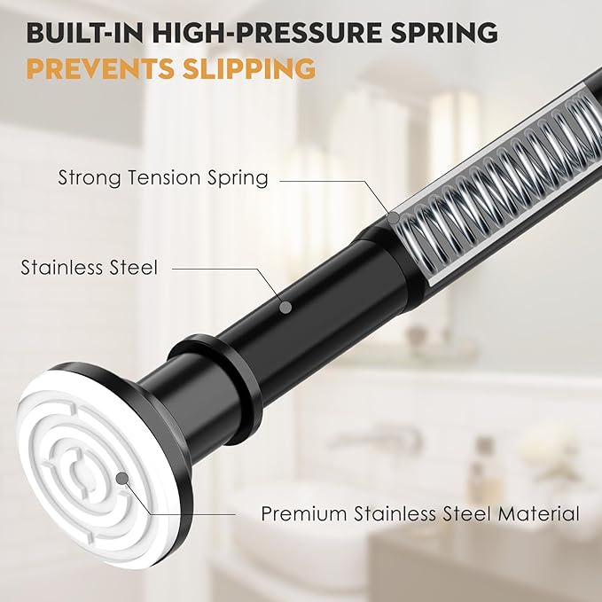 Black Tension Shower Curtain Rod 1.1" Diameter Heavy Duty Stainless Steel Adjustable Spring Tension Rods 30 to 88 inch No Drill Shower for Bathroom Windows Outdoor No Slip No Rust