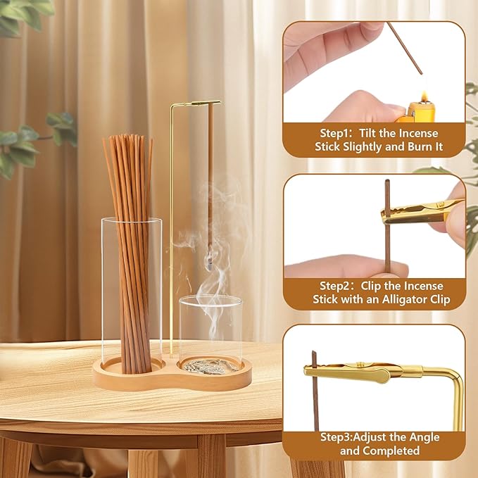 Glass Incense Holder, 2 in 1 Incense Holder for Sticks, Anti-Ash Flying Incense Burne with Ash Catcher Incense Sticks Organizer Wood Glass Incenses Stick Holder for Meditation Yoga Home Decor