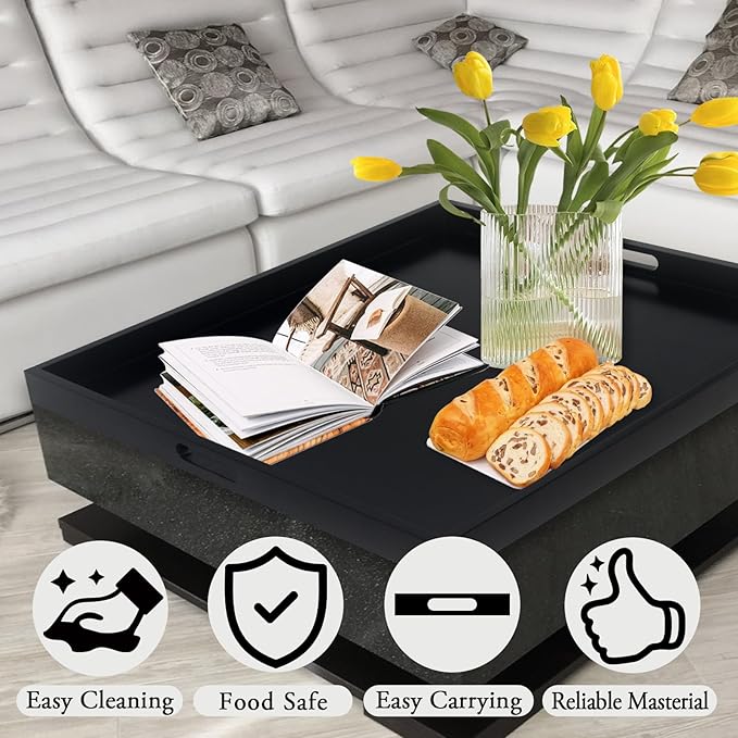 24" Square Large Ottoman Tray, Wood Serving Tray with Handle, Modern Extra Large Black Decorative Trays for Living Room Coffee Table Home