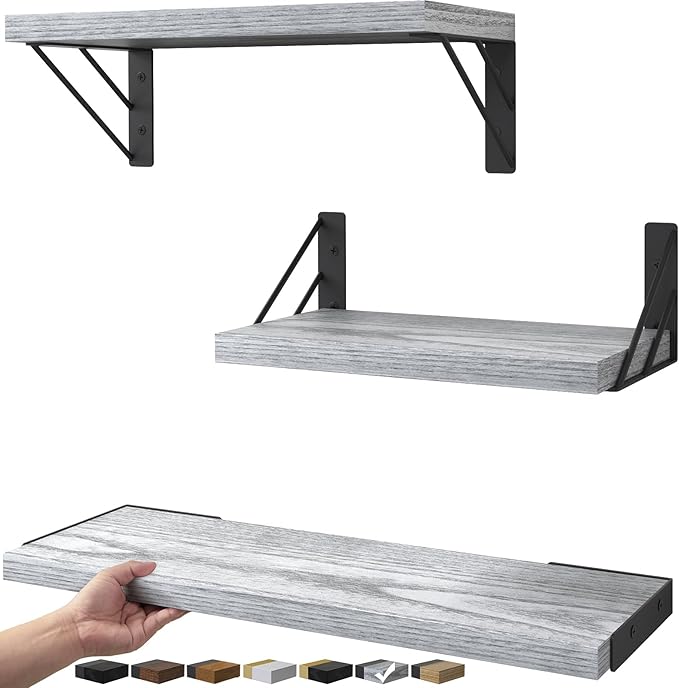BAYKA Wall Shelves for Bedroom Decor, Floating Wall Shelves for Living Room Kitchen Storage, Mounted Rustic Wood Floating Shelves for Kids Books,Corner Shelves for Bathroom(Gray White，Set of 3) | for Bedroom Decor, Floating Shelves, for Kids Books, for...