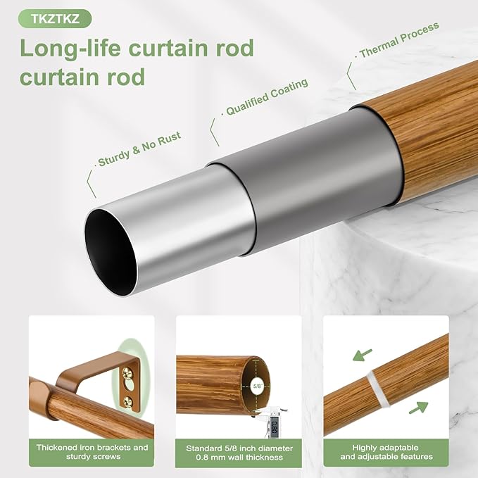 Sturdy Durable Curtain Rod:Faux Wood Curtain Rods for Windows 18-60",Adjustable Heavy Duty Curtains Rod for Bedroom/Kitchen/Apartment/Door,Small Decorative Farmhouse Boho Drapery Rods,All-Metal