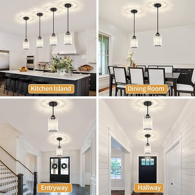 2 Pack Black Pendant Light, Modern Crystal Pendant Lights Kitchen Island Lighting, Hanging Light Fixtures Mini Chandelier Pendant Lights for Island Dining Room Hallway Bedroom