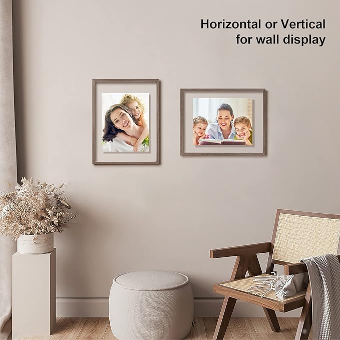 Egofine 11x14 Floating Frames Set of 2, Double Plexiglass Picture Frame, Made of Solid Wood Display Any Size Photo up to 11x14, Wall Mount or Tabletop Standing, Brown