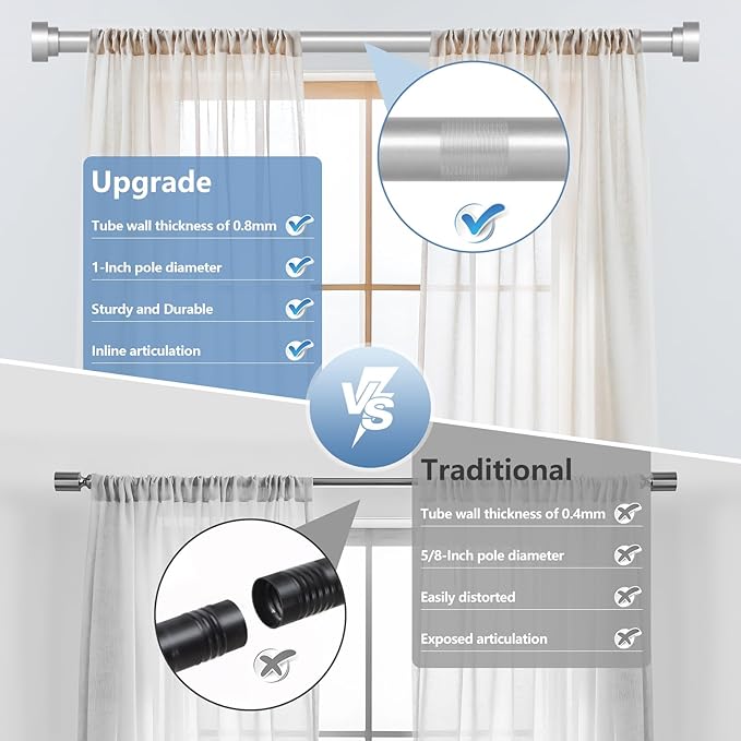 2 Pack Silver Curtain Rods for Windows 66 to 120 Inch(5.5-10ft),1 Inch Heavy Duty Curtain Rods, Long Adjustable Curtain Rod, Modern Drapery Rods,Telescoping Window Curtains Rod 30-120",Silver