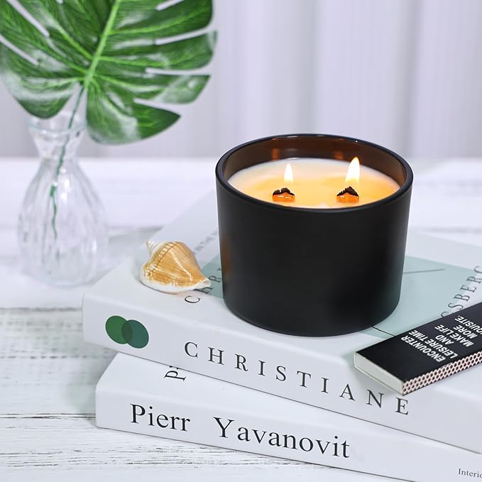 16oz Candle Jars 6 Pack, 3 Wick Matt Black Glass Empty Candle Jars with Bamboo Lids for Candle Making, Large Wide Mouth Candle Container Bulk for 12/13/14/15oz Candles, with Stickers and Label