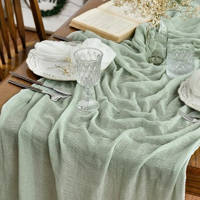 Artoid Mode Boho Cheesecloth Gauze Sage Green Wedding Table Runner, 160 Inch Seasonal Fabric Kitchen Dining Holiday Table Decor for Home Party Indoor