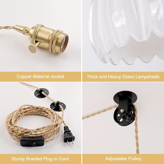 Plug in Pendant Light Hanging Light Fixture Corded On/Off Switch Brass Pendant Light with White Tulip Glass Lampshade for Bedroom Living Room Kitchen Island