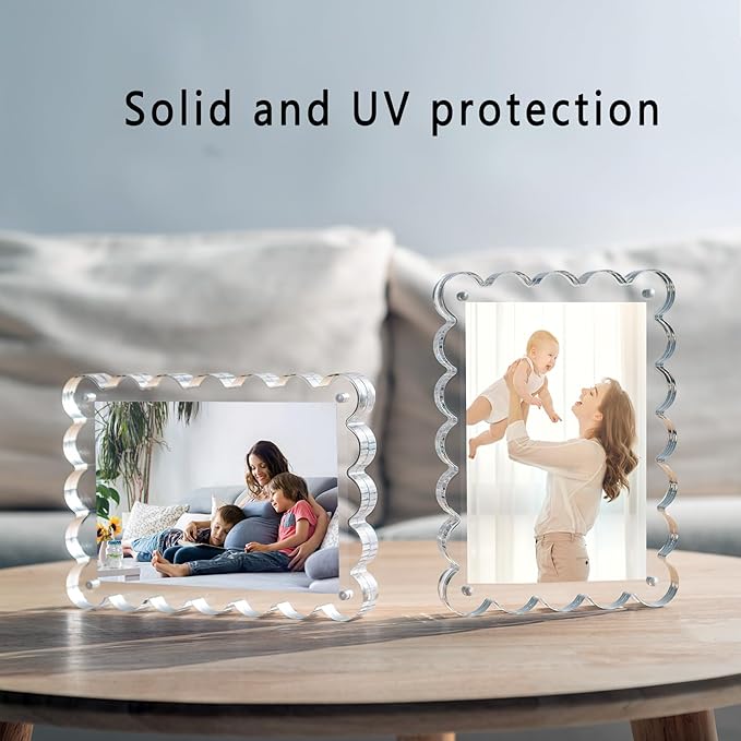 3 Pack Acrylic Picture Frame: 4x6inch Magnetic Picture Frames, Double Sided Magnet Frames,10+10mm Thick Block, Clear Photo Scalloped Frames Freestanding for Desktop Display