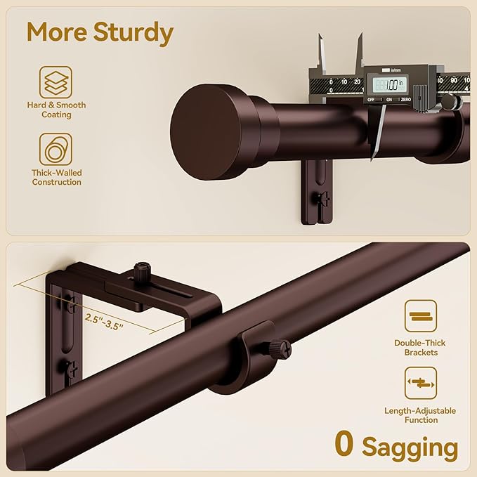 YaFex Curtain Rods 2 Pack 32-118 Inch, Heavy Duty 1 Inch Curtain Rod, Bronze Long Adjustable Window Treatment Rods,Modern Design, Easy Installation