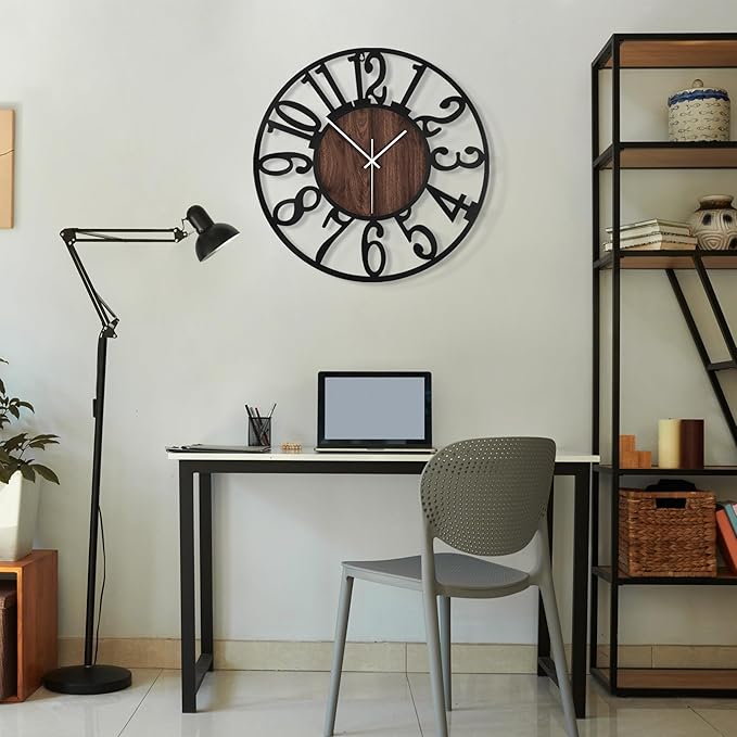 Maxstar Round Wall Clock for Living Room Decor Battery Operated Non Ticking Silent Vintage Black Metal Wood Clocks for Home Living Room Garden Farmhouse Office Kitchen Decoration -20 inch