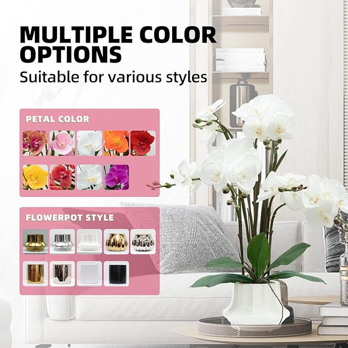 CXGS Artificial Orchid Flower Plant 20.9'' Real Touch Faux Orchids in Ceramic Vase White Fake Phalaenopsis Flower Arrangement Silk Orchids with Stems for Centerpiece Table Home Indoor Decor