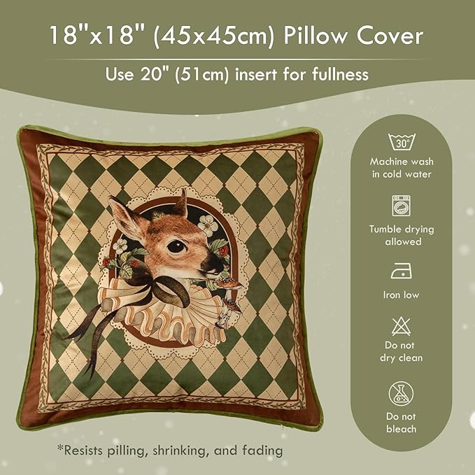Grandmillennial Checkered Pillow Cover, Velvet Euro Sham Covers Decorative Throw Pillow Covers 18x18 for Couch Sofa Bed Living Room, Christmas & Holiday, Deer Green