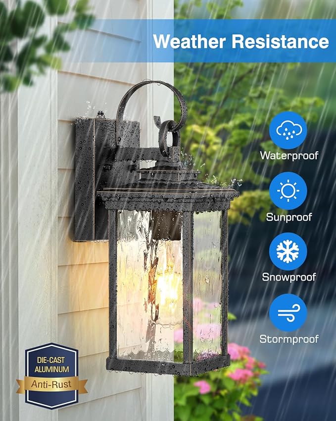 VIANIS Dusk to Dawn Outdoor Wall Lantern, Modern Black (Gold Trim) Exterior Light Fixtures for Garage, Anti-Rust Outside Porch Lighting Wall Mount Sconce Lighting for House with Tempered Glass