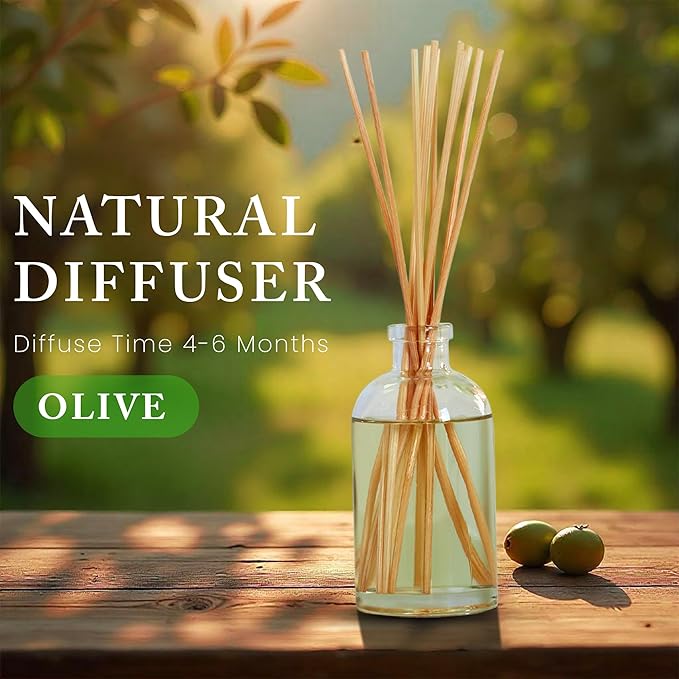 Hillhouse Naturals Reed Diffuser Set - Olive Scent Diffuser - Reed Diffusers for Home with Long Lasting Fragrance – 6 oz Oil – Diffuse Time 4-6 Months – Made in The USA