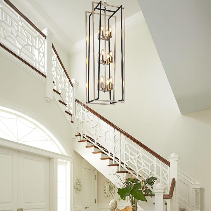 WJShome 12-Light Modern Chandelier, Large Chandeliers for High Ceilings, Farmhouse Foyer Lighting Fixtures, 3 Tier Lantern Pendant Light, Industrial Chandelier for Entryway Staircase, Black & Silver