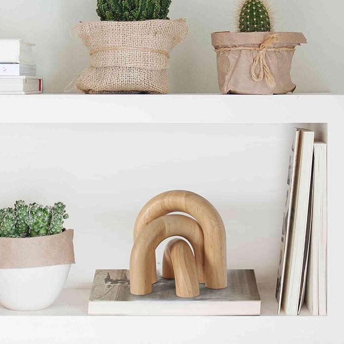 3 Pieces Wood Arch Decor, Wooden Coffee Table Accents, Neutral Home Aesthetic Bookshelf Decoration, Desk Objects, Natural Modern Boho Decor for Living Room Entryway