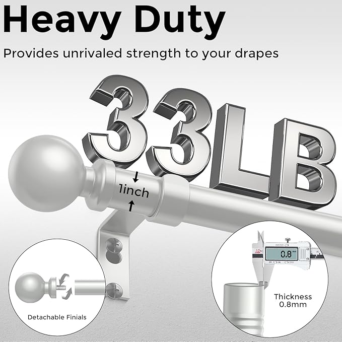 Silver Curtain Rod, 1 Inch Adjustable Heavy Duty Curtain Rods for Windows 30 to 56 Inch, Decorative Modern Window Treatment Rods, Telescopic Splicing Metal Drapery Pole, Easy Installation