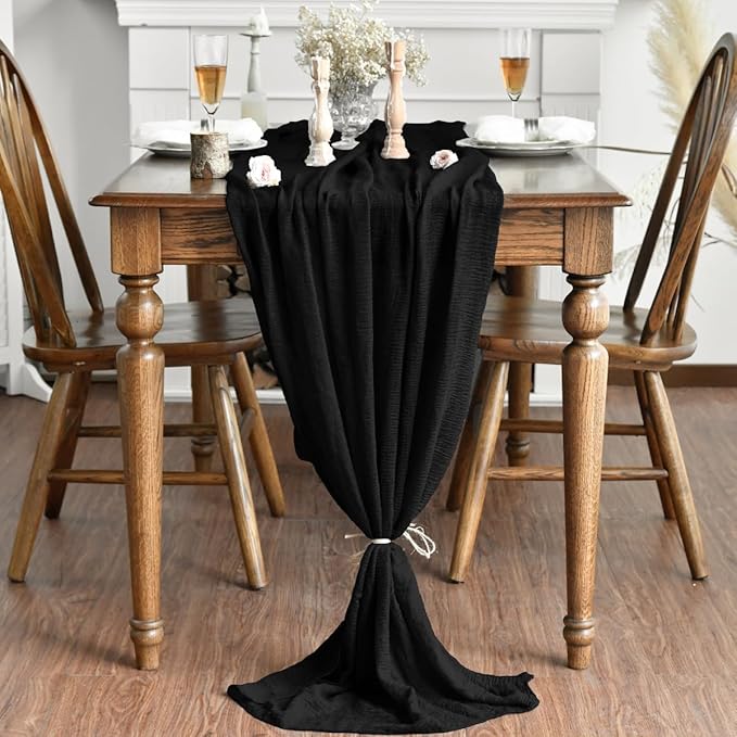 Artoid Mode Boho Cheesecloth Gauze Black Wedding Table Runner, 120 Inch Seasonal Fabric Kitchen Dining Holiday Table Decor for Home Party Indoor