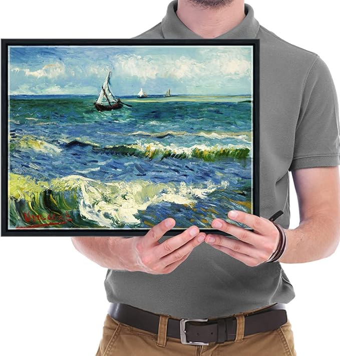 Wieco Art Framed Wall Art Canvas Prints Seascape at Saintes Maries by Vincent Van Gogh Modern Giclee Canvas Prints Sea Pictures on Canvas Wall Art for Living Room Home Decorations Black Frame