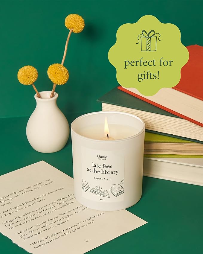 Literie NYC Inspired Scented Candle: Late Fees at The Library - Paper & Linen Scent, 9oz, 50 Hour Burn, Vegan Soy & Coconut Blend Candle for Home Decor, Gift for Women & Men