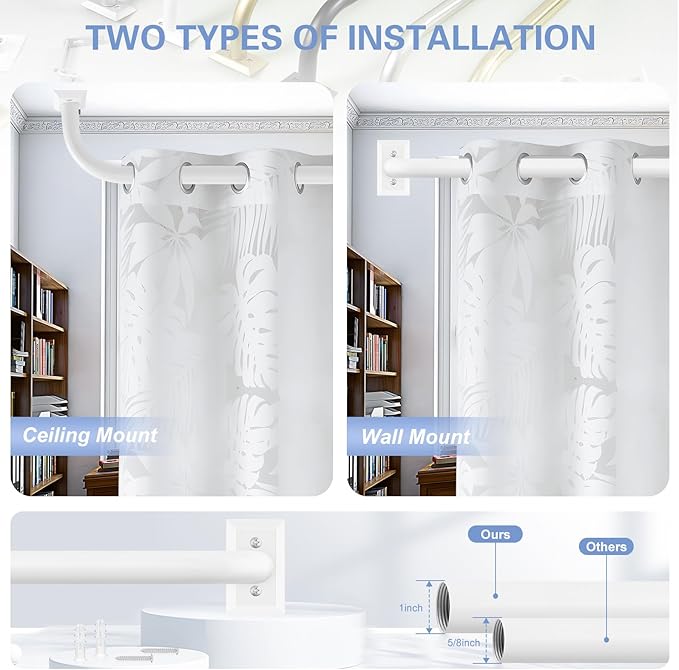 White Wrap Around Curtain Rods 28 to 48 Inch:Blackout Heavy Duty Adjustable Window Curtain Rod Room Darkening,1Inch Modern Industrial Curved French Return Metal Drapery Rods Easy Install,White