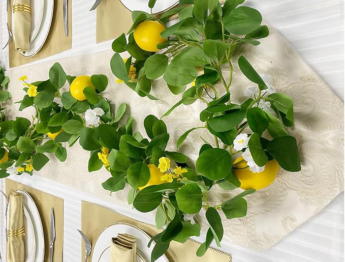 2PCS Artificial Lemon Garland (12Ft Total), Faux Fruit Vine with Greenery for Wedding Party, Wall Mantle Table Decor, Spring Summer Kitchen Door Decoration
