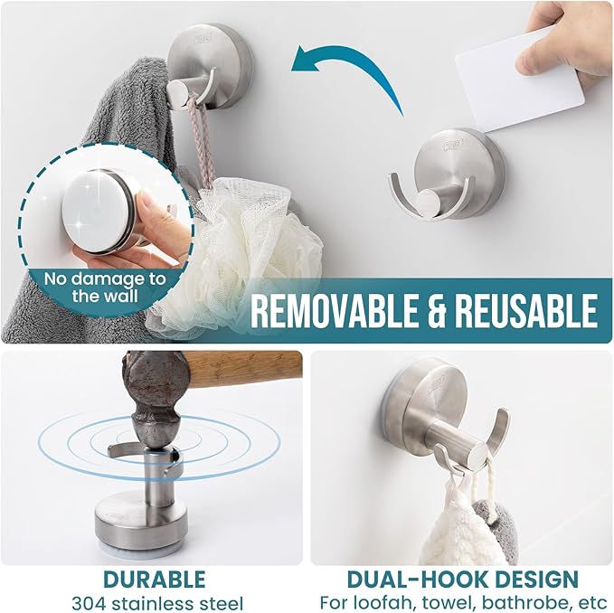 TAILI 304 Stainless Steel Bathroom Suction Hooks for Towel, Bathrobe, Loofah, Patented Strong Suction Cup Holder, No Damage Hanging Glass Shower Wall Hook, Double-Hook Sleek Design, 2 Pack, Silver