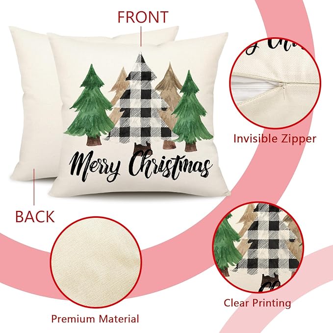 4TH Emotion Buffalo Check Christmas Pillow Covers 16x16 Set of 4 Black White Farmhouse Xmas Decorations Winter Holiday Decor Throw Cushion Case for Home Couch S24C40-16