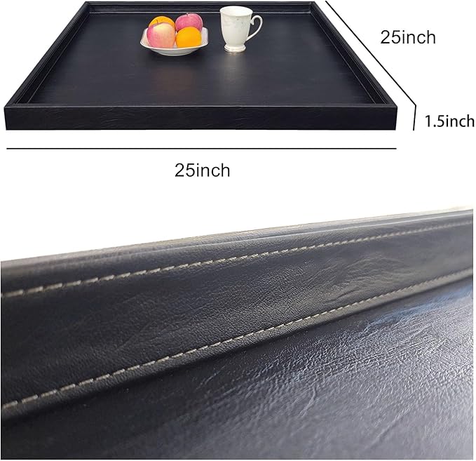 25 * 25 inches Luxury Leather Square Oversized Service Tray, Ottoman & Coffee Tray for Family Dinner, Out-of-House Picnic & Party （25 inch Black）