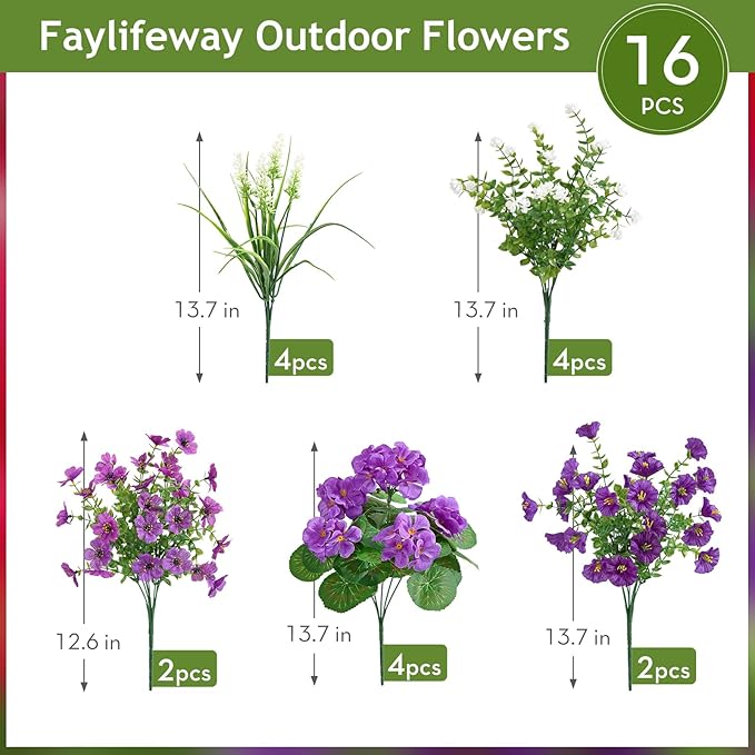 16 Bundles Artificial Flowers for Outdoors, UV Resistant Silk Faux Flowers for Outside Planters,Garden,Porch,Patio,Yard,Home Decor(Purple)