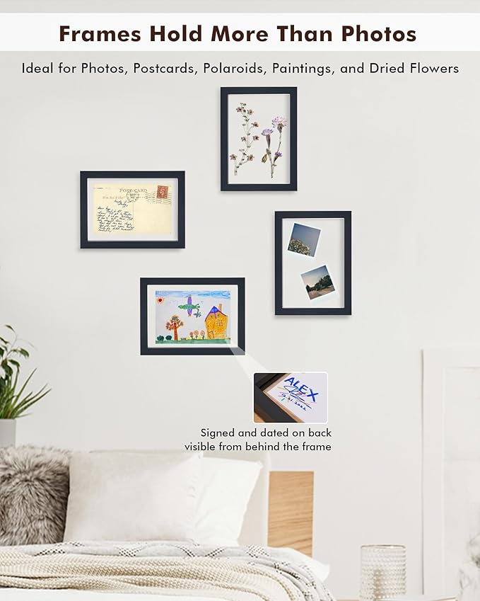 DLQuarts 5x7 Floating Picture Frames for 4x6/3.5x5 Photos, 2-Pack Solid Wood Double Polished Glass Floating Frame for Wall & Tabletop, Postcards and Any Size Photo up to 5x7 Display, Black
