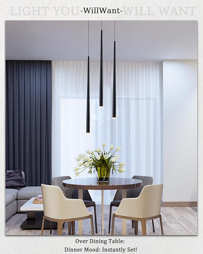 3 Pack Modern Black Pendant Lights, 27.5" Industrial Tube Hanging Light Fixture with Dimmable 4000K LED for Kitchen Island, Dining Room, Bar, Bathroom