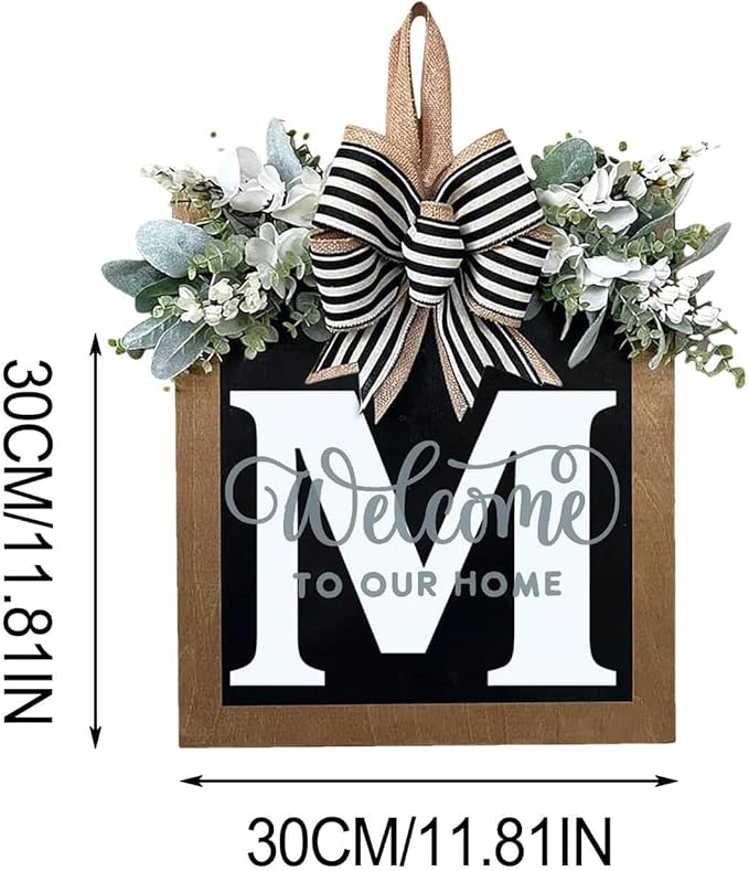 Last Name All Year Round Front Door Garland, Front Porch Decoration 26 Letter Welcome Garland and Eucalyptus and Bow Suitable for Spring Summer Winter Used for Front Door Hanging Garland (M)