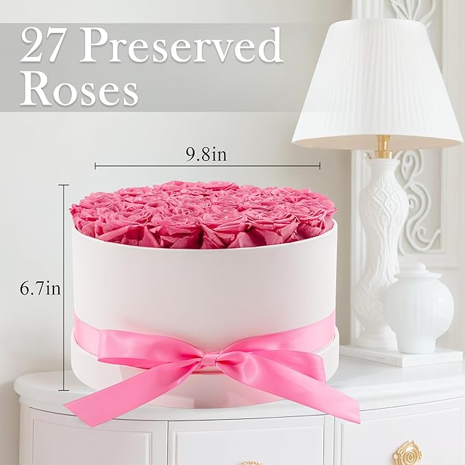27 Forever Roses in Luxury White Box, Eternal Real Roses Gift for Women, Preserved Flowers for Delivery Prime, Anniversary, Valentine's Day, Birthday for Her (Pink)