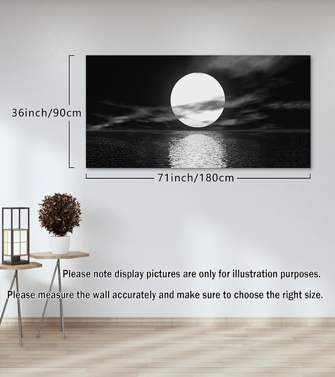 Cao Gen Decor Art S06498 Wall Art Canvas Sea White Full Moon in Night Picture Canvas Poster Print Black and White Ocean for Living Room Bedroom Kitchen Home Decorations Framed Artwork
