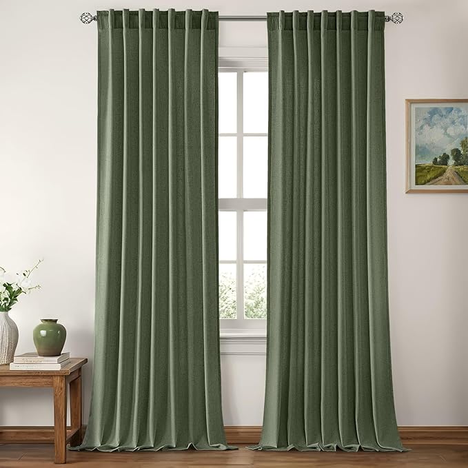 MIULEE Non-See-Through Privacy Linen Curtains 2 Panels, Olive Green Light Filtering Window Curtains Farmhouse Textured Back Tab Semi Sheer Drapes for Bedroom Living Room 84 Inches Long Dark Green
