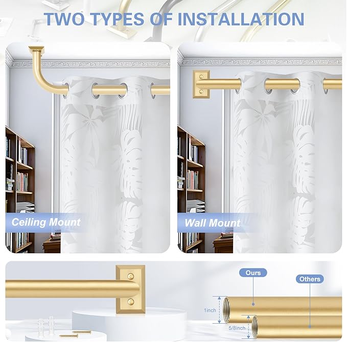 Gold Wrap Around Curtain Rods for Windows 28 to 60:Blackout Heavy Duty Adjustable Curtain Rod Room Darkening Modern Industrial Curved French Return Metal Drapery Rods Easy Install Brass Gold