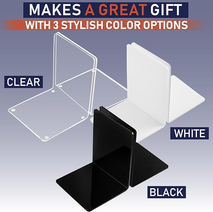 Acrylic Bookends, 2 Pairs of Black Invisible Ends for Shelves, 4mm Heavy-Duty Non-Skid Holders for DVDs, CDs, Video Games, and Books. Stoppers for Home, Office, or Library Organization (Black)