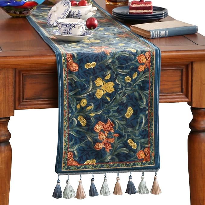 patdrea Designer Casual Wild Floral Velvet Table Runner 118 Inch Long, Dark Blue Occult Bouquets Pattern Table Mat, Decoration for Kitchen Dining Coffee Table Cabinet Banquet Thanksgiving,12"*118"
