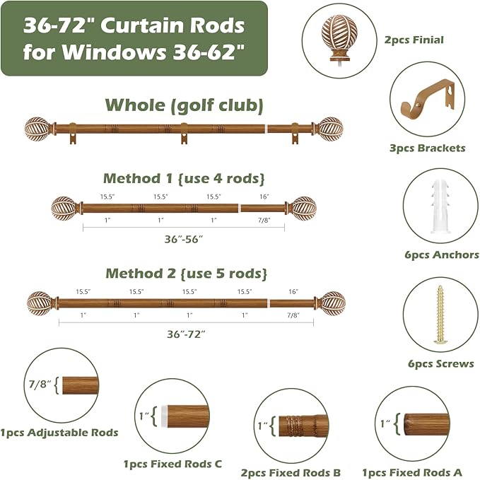 Wood Boho Curtain Rods for Windows:Wooden Farmhouse Decorative Curtain Rod for Bedroom Living Room,Heavy Duty Adjustable Rustic Bamboo Drapery Rods with Imitation Wood Grain Finials,Brown 36-72"