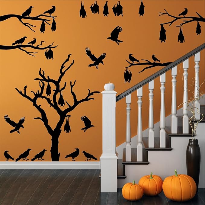 Large Halloween Window Stickers Halloween Tree Walls Decals Bats Stickers Black Bird Crow Decals Peel and Stick Halloweens Tree Branch Wall Art Sticker Halloweens Vinyl Decor for Party Supply Gift