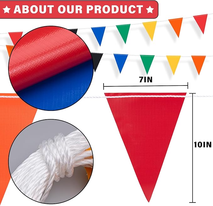 50ft Pennant Banner Flags, 7x10 Multicolor 25 Pcs High Visibility Safety Flagging on String, Triangle Pool Flags for Backstroke, Construction Events Party Decoration Parking Marking Outside